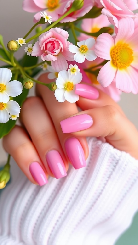 A hand with pink chrome nails holding a bouquet of pink and white flowers.