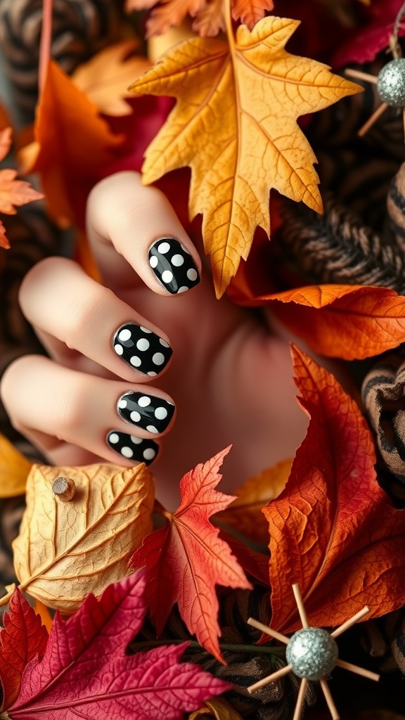Close-up of a hand with black and white polka dot nails surrounded by colorful fall leaves.