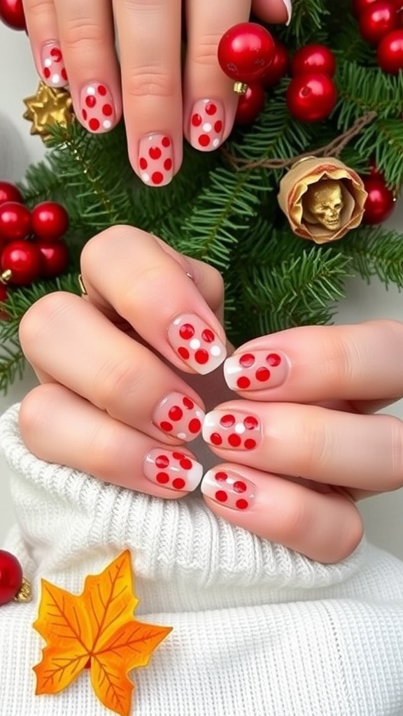 Nails painted with red polka dots, surrounded by holiday decorations.