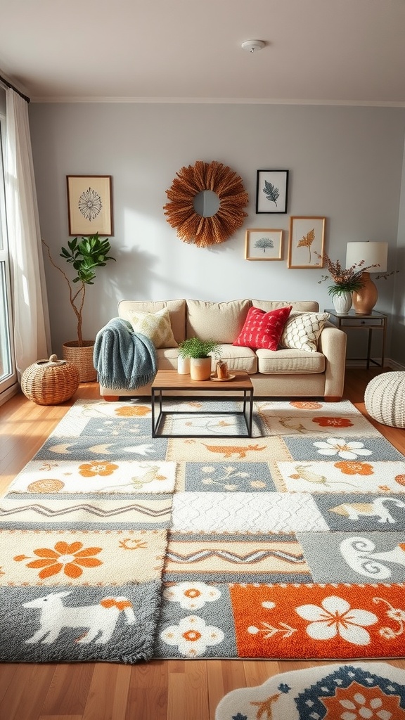 A cozy living room featuring a colorful patterned rug, a sofa, and decorative accents.