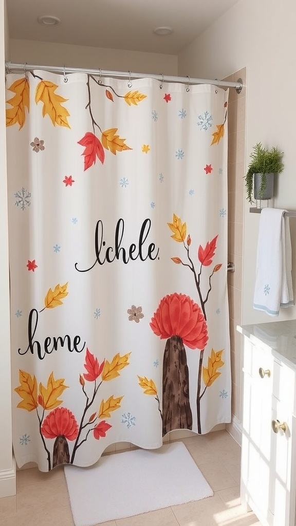 A colorful autumn-themed shower curtain with leaves and flowers.