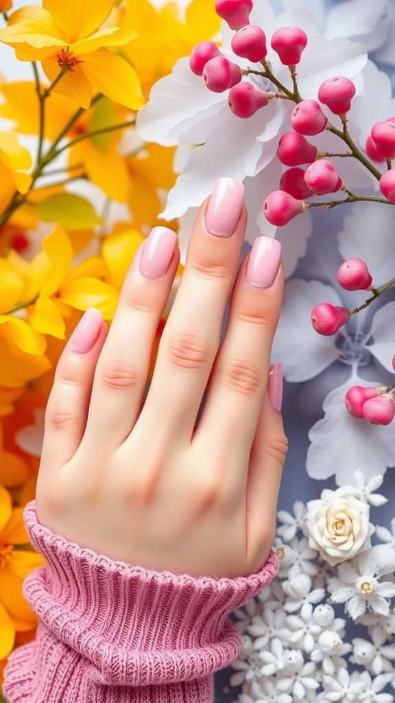 A hand with short light pink chrome nails surrounded by colorful flowers.