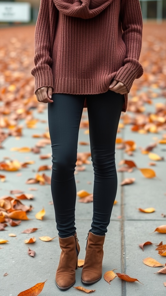 A person wearing a cozy maroon oversized sweater and black leggings, standing on a sidewalk covered with autumn leaves.