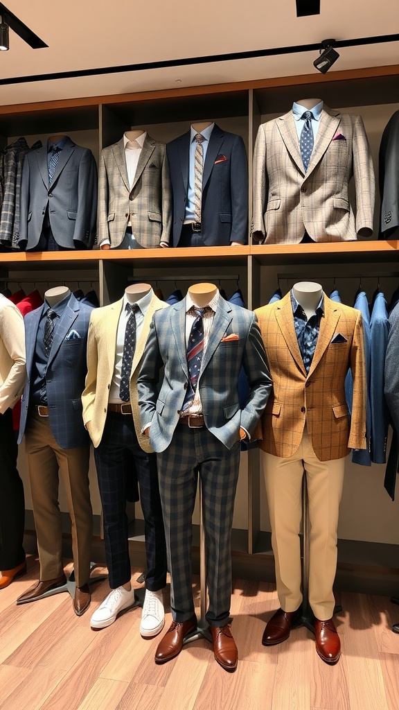 A display of various business casual outfits for men, showcasing blazers, dress shirts, and trousers.