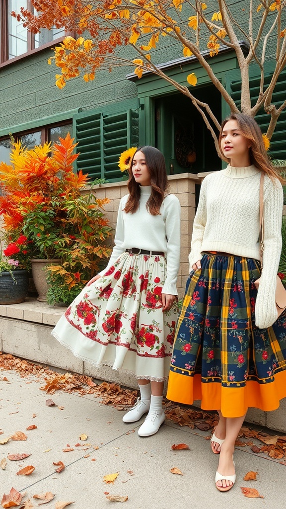 Two women wearing A-line skirts in autumn, surrounded by colorful foliage.
