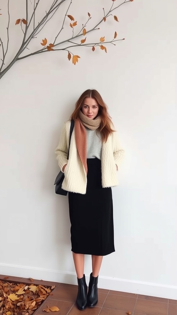 A woman in a black pencil skirt, cream coat, and scarf, standing next to a branch with autumn leaves.