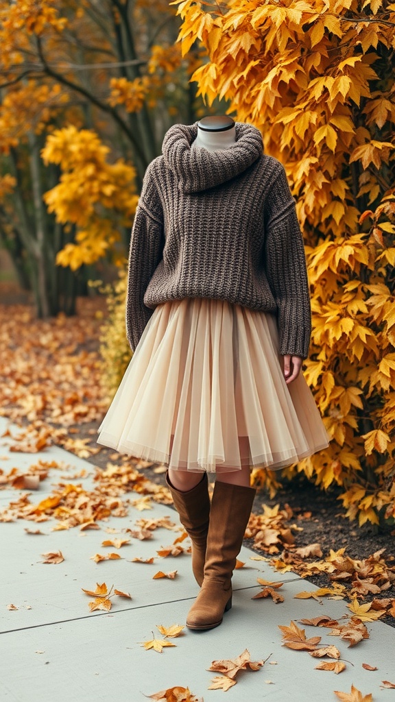 A mannequin wearing a cozy oversized sweater and a flowing tulle skirt, surrounded by vibrant fall foliage.
