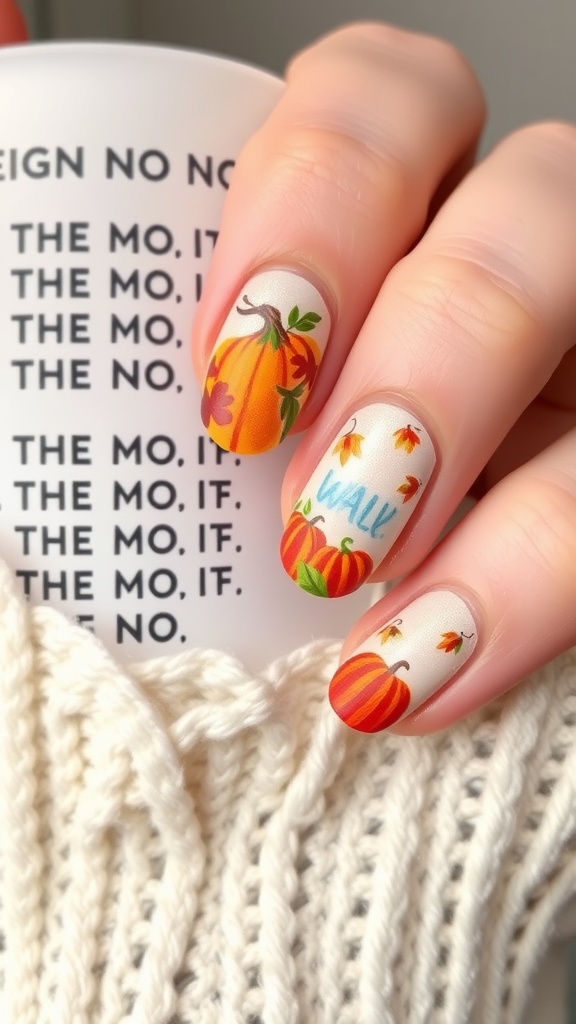 Nail design featuring pumpkins and autumn leaves