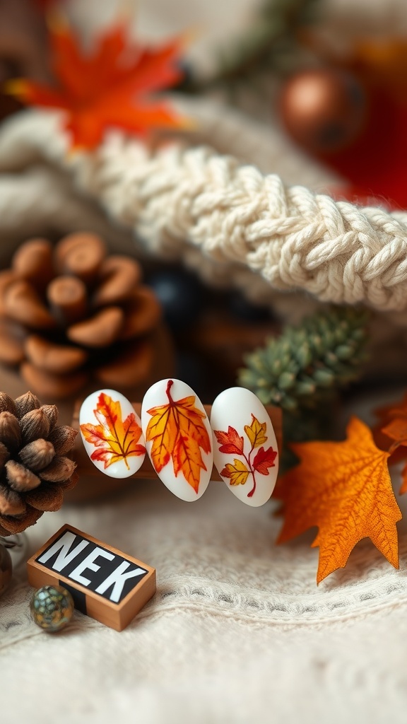 Almond-shaped nails featuring autumn leaf designs in shades of orange and yellow.