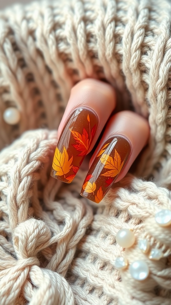 Coffin nails with autumn leaf design on a knitted background