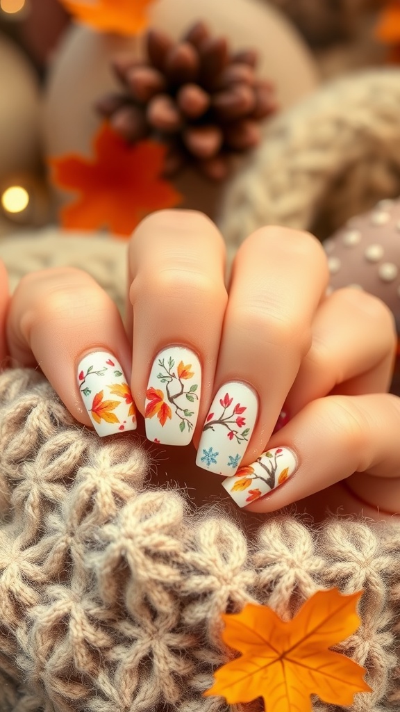 Seasonal themed French nails with autumn leaves design