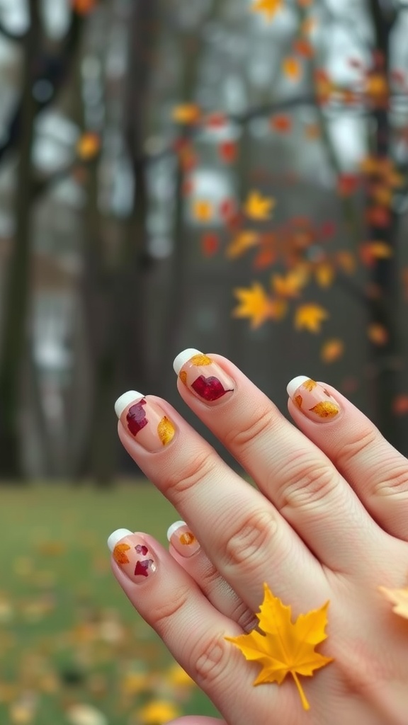 Autumn-themed French tip nails with colorful leaf designs