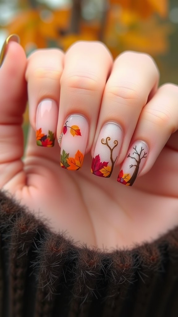 Acrylic nails with seasonal fall-themed French tips featuring colorful leaves and tree designs.