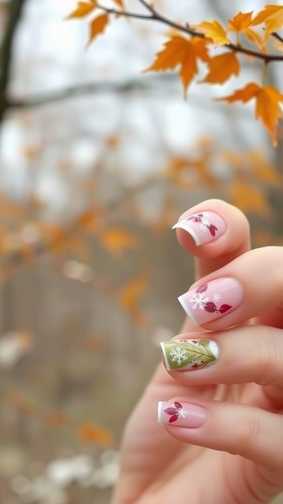 Short square French tip nails with seasonal themes
