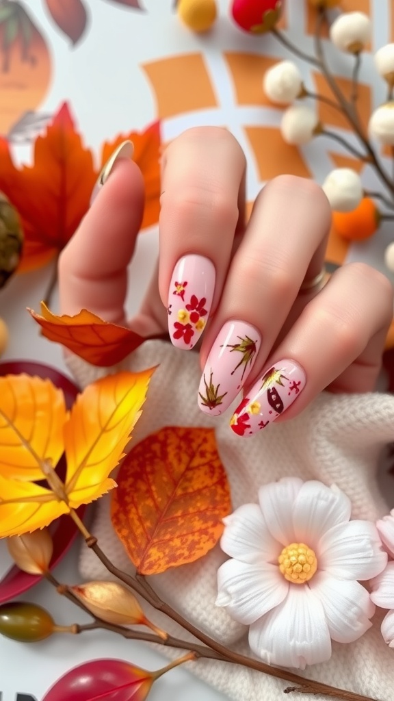 Close-up of hands with baby pink chrome nails featuring autumn-themed designs among colorful leaves and flowers.