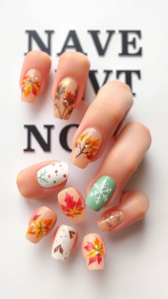 A variety of seasonal themed nail designs featuring autumn leaves, snowflakes, and soft colors.