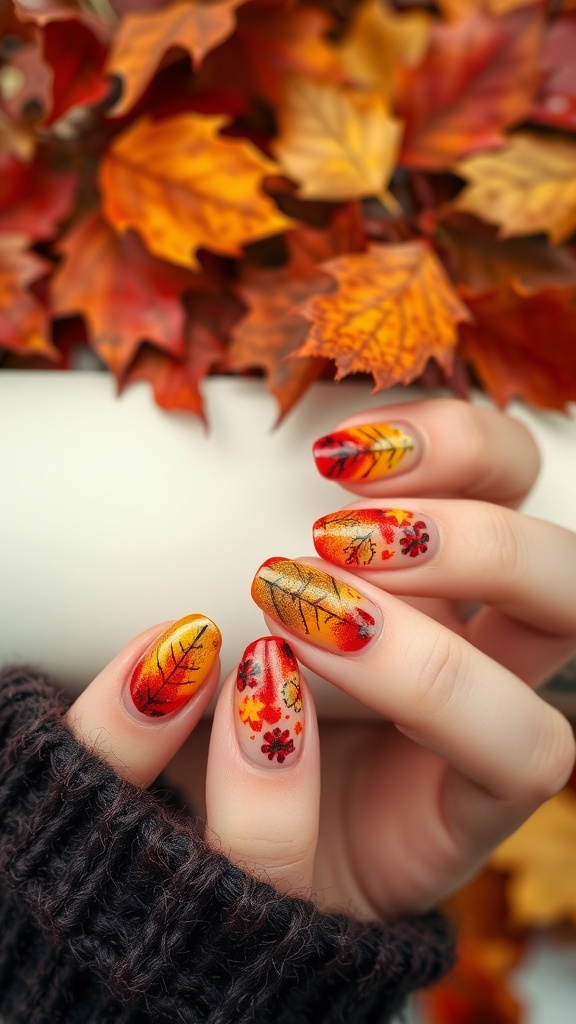 A close-up of seasonal themed acrylic nails featuring autumn colors and leaf designs.