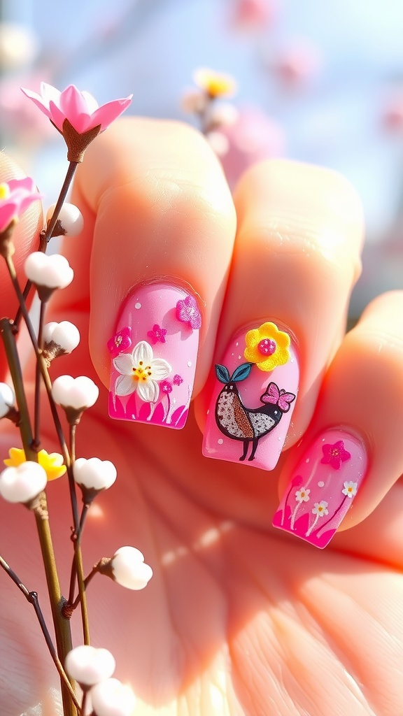 Close-up of pink chrome nails with floral designs and a bird illustration