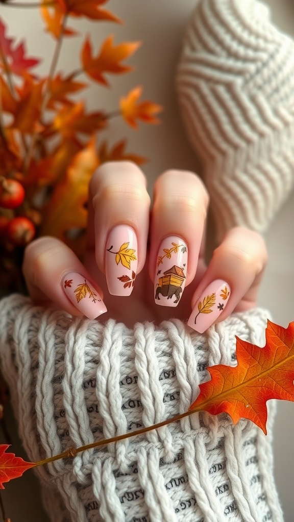 Pink French tip nails with autumn leaves design