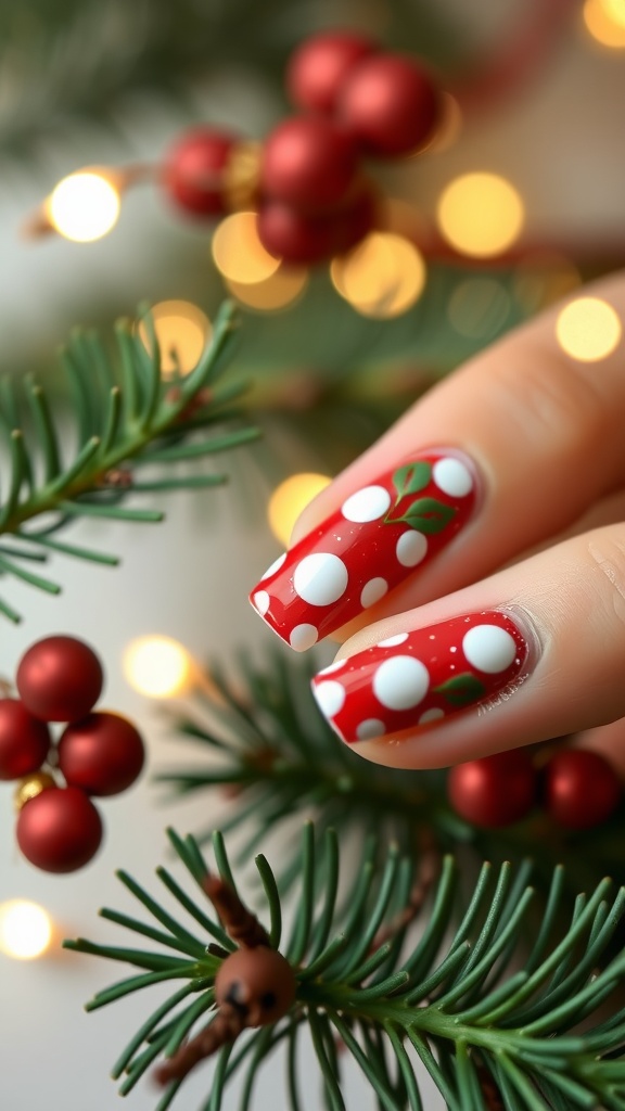 Close-up of red nails with white polka dots and green leaves, surrounded by holiday decorations.