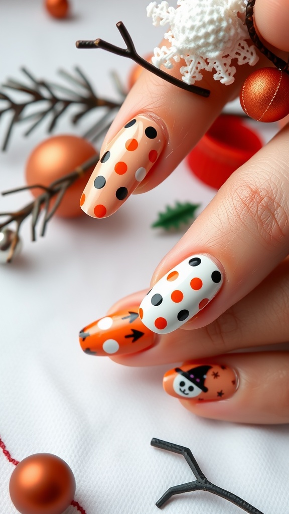 Nails featuring seasonal themed polka dots in orange, black, and white with festive decorations.