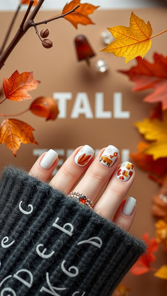 Short French nails with autumn-themed designs, including leaves and pumpkins, alongside a cozy sweater.