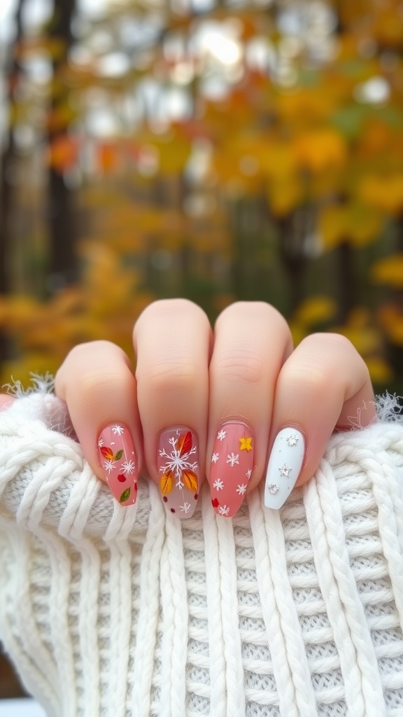 Short nails with autumn-inspired designs, featuring warm colors, snowflakes, and leaves.
