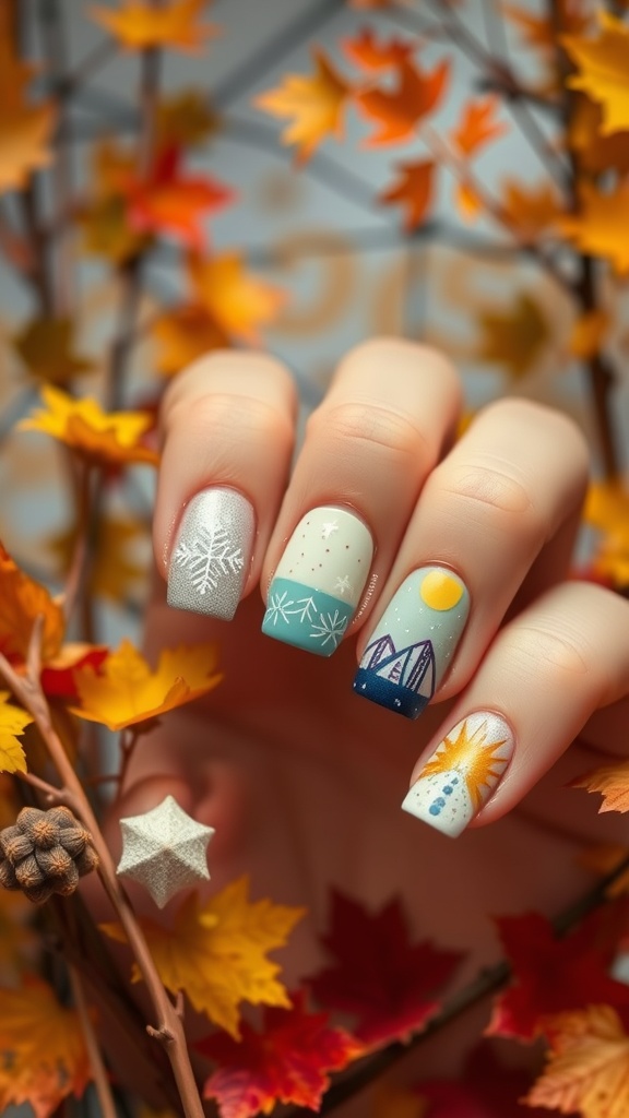 Seasonal themed nails with designs of snowflakes, sun, and geometric patterns surrounded by autumn leaves.