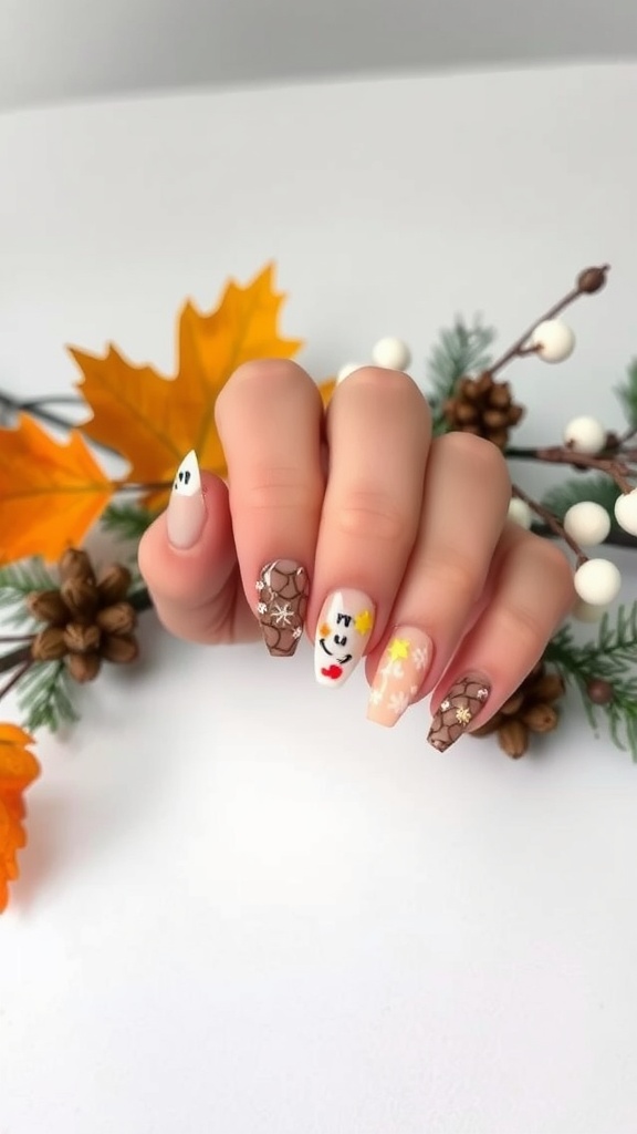 Cute short acrylic nails with autumn-themed designs, featuring little ghosts and flowers, surrounded by fall decorations.