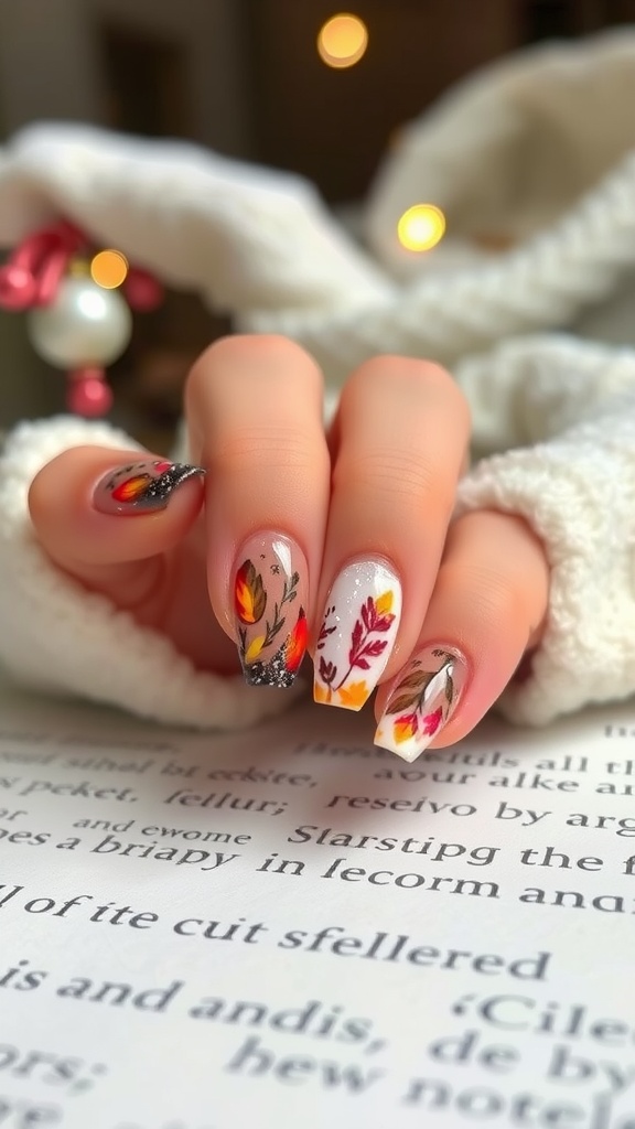 Short acrylic nails with autumn-themed nail art featuring colorful leaves and glitter.