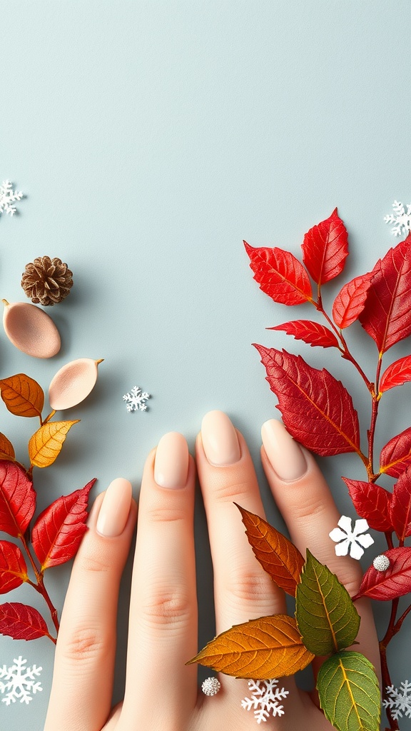 Light pink almond nails surrounded by autumn leaves, pinecones, and snowflakes.