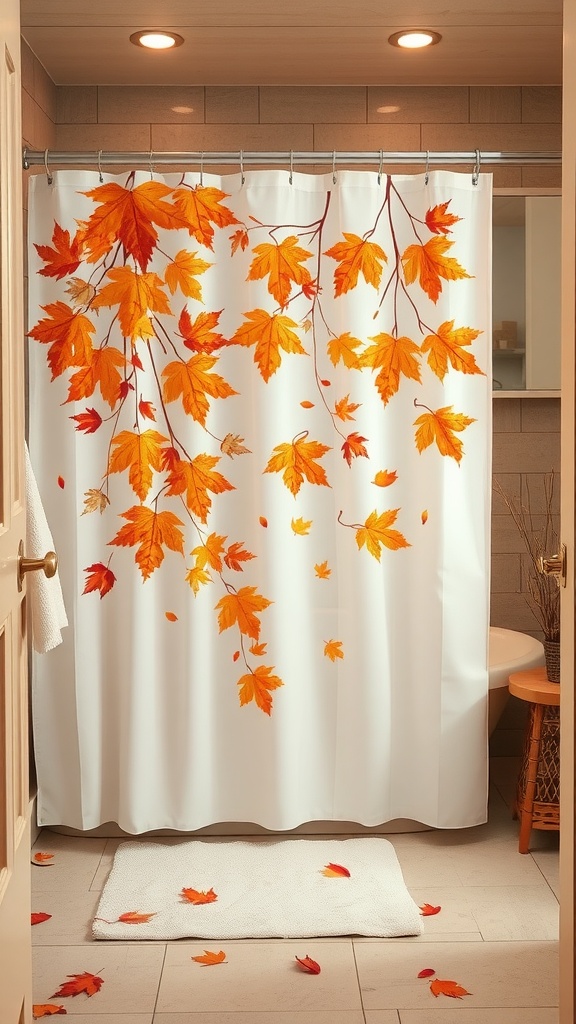 A bathroom with a shower curtain featuring orange and yellow autumn leaves.