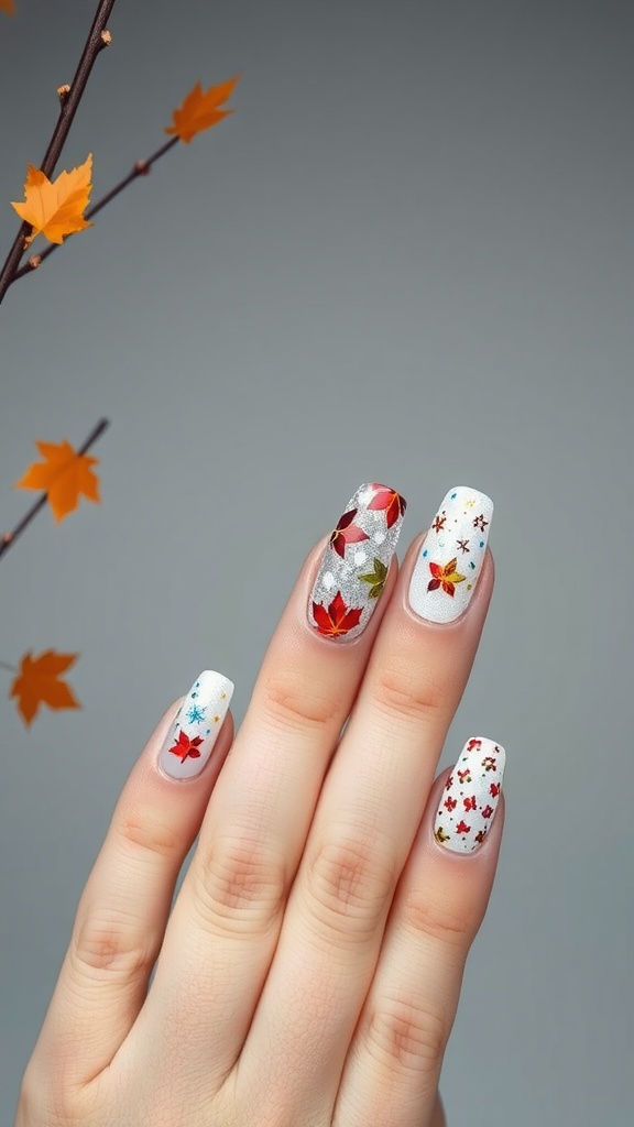 A hand showing off beautifully designed chrome French nails with fall-themed decorations.