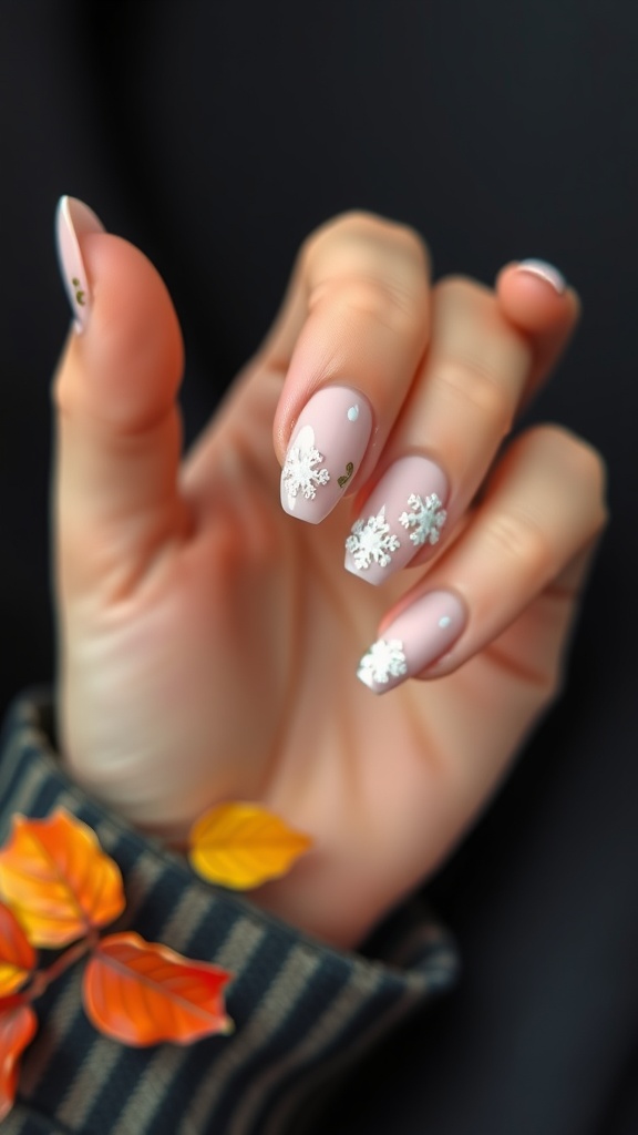A hand displaying nude pink chrome nails with intricate snowflake designs, complemented by colorful autumn leaves.