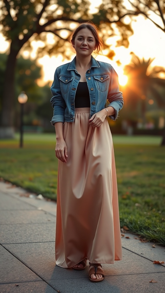 A woman wearing a denim jacket and a satin maxi skirt walking in a park during sunset.