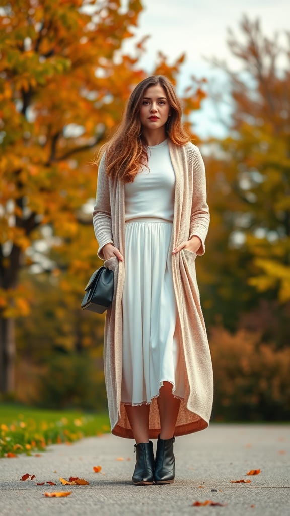 Woman wearing a white midi skirt and a long cardigan with black ankle boots, standing in a park with autumn leaves.