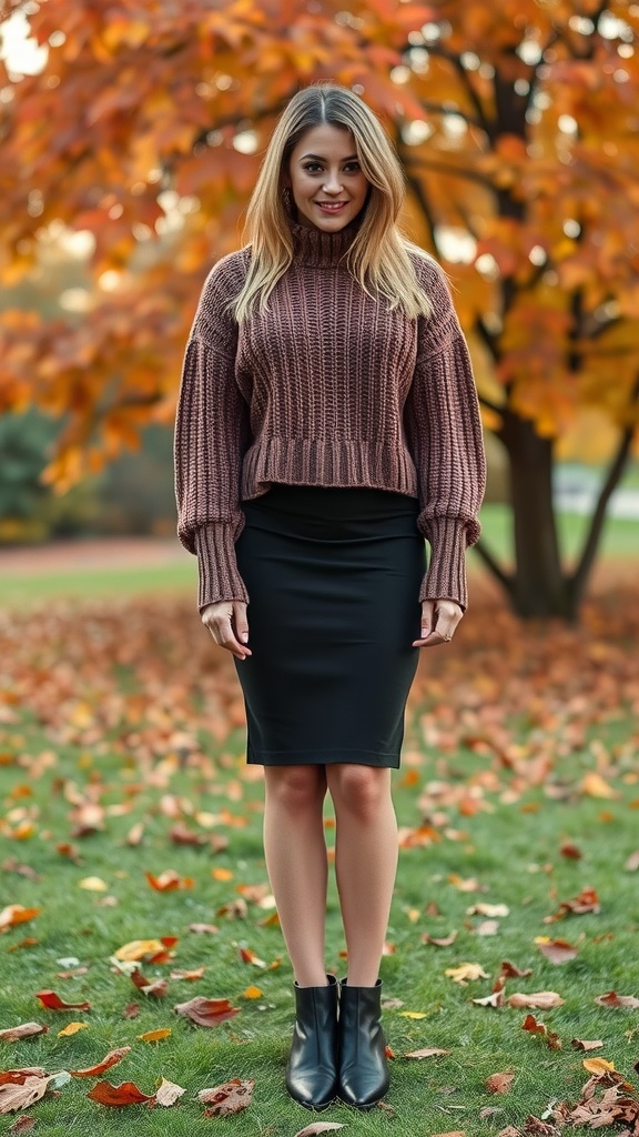 A woman wearing a cozy knit sweater and a black pencil skirt, surrounded by autumn leaves.