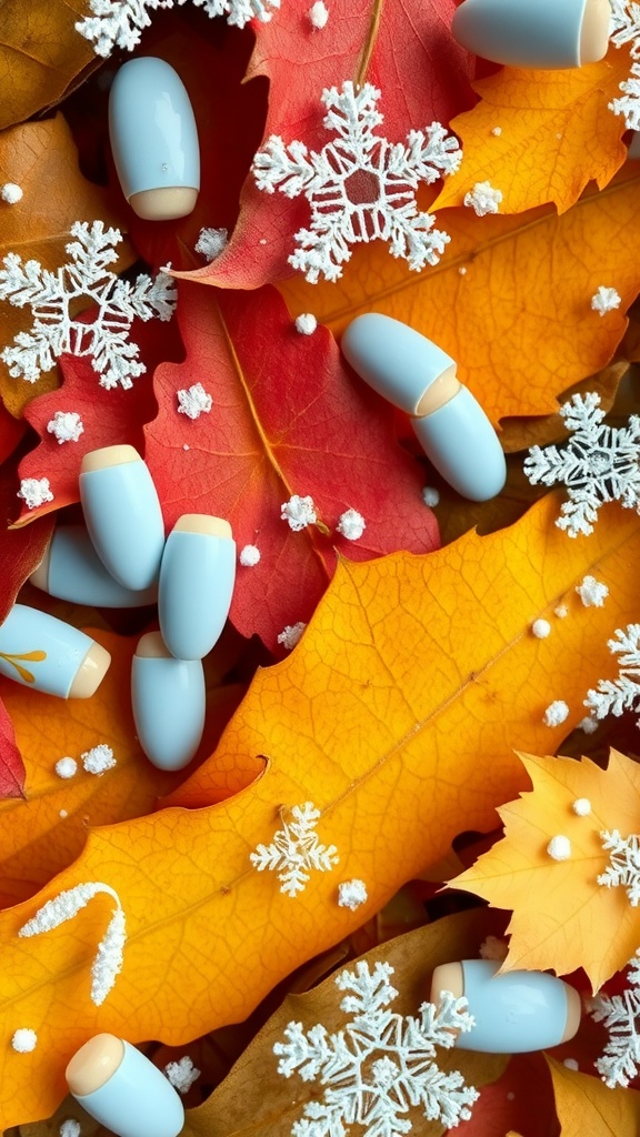 Light blue almond nails on colorful autumn leaves with snowflakes
