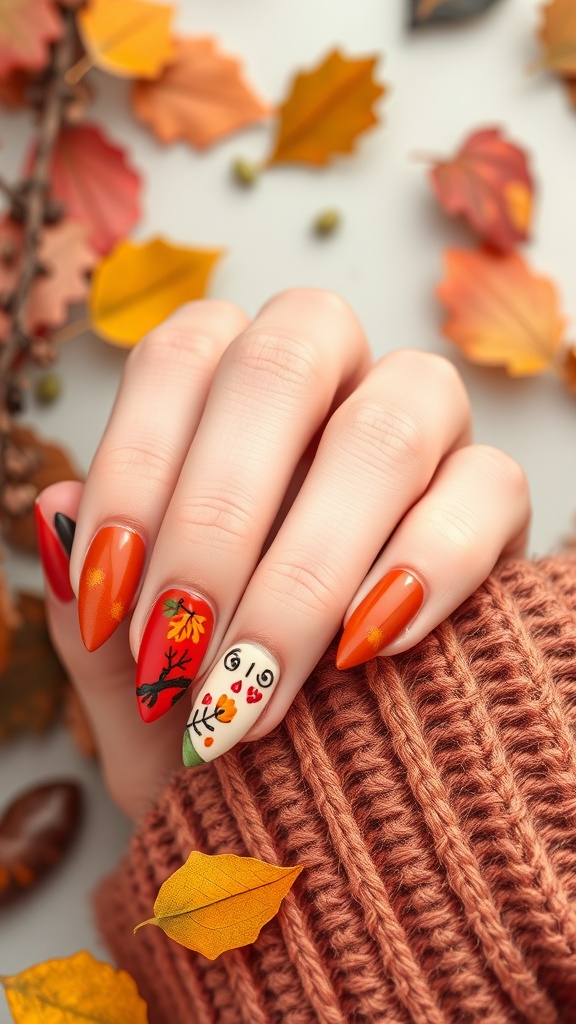 Short almond nails with autumn-themed designs and warm colors, surrounded by fall leaves.