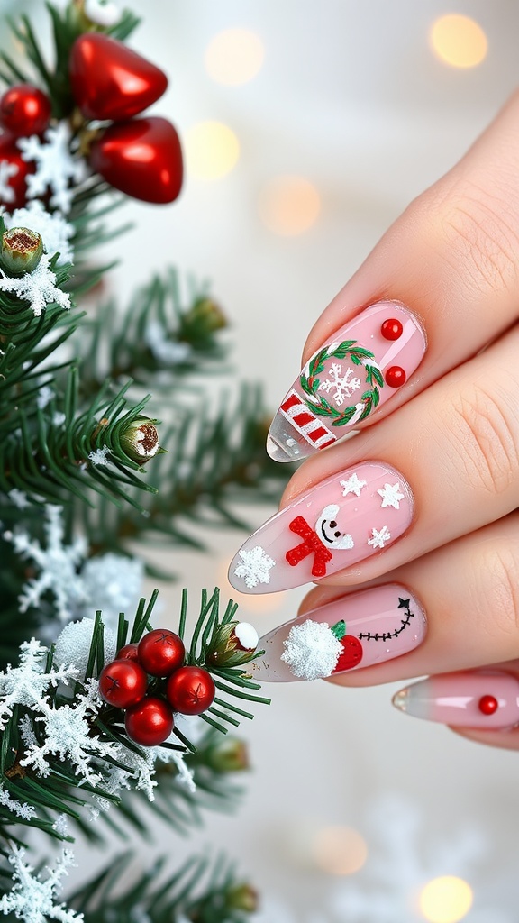 Close-up of festive clear acrylic nails with holiday designs including a snowman, snowflakes, and a candy cane, next to a Christmas tree.