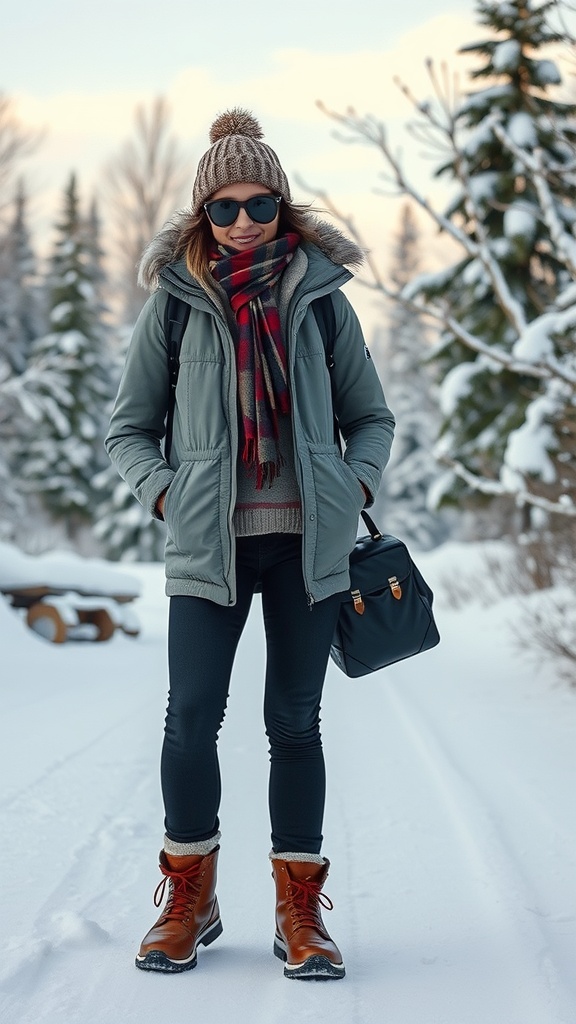 A person wearing a winter outfit with a padded jacket, hat, scarf, and boots in a snowy landscape.