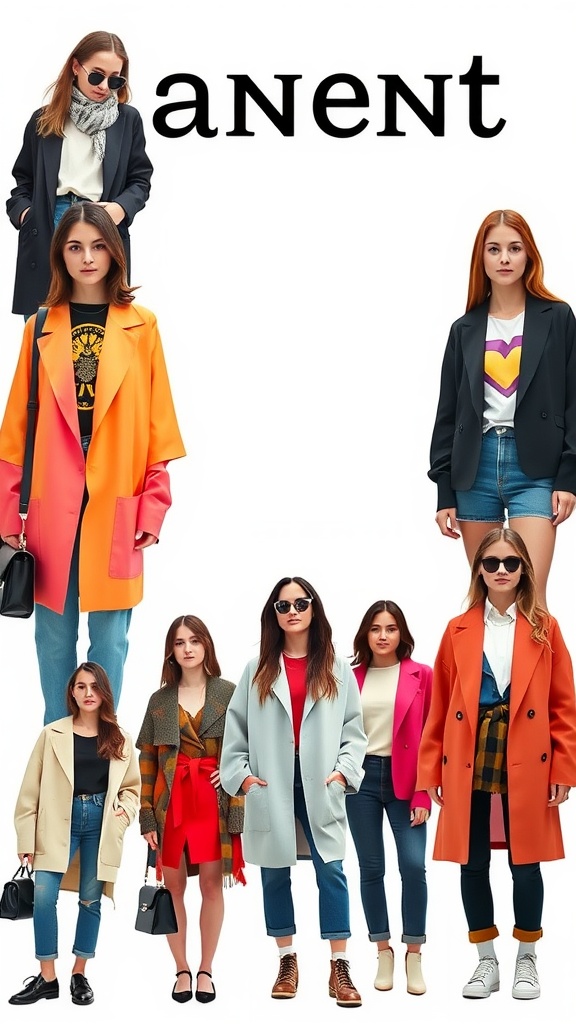 A collage of trendy college outfits featuring various colorful blazers, paired with casual pants and accessories.