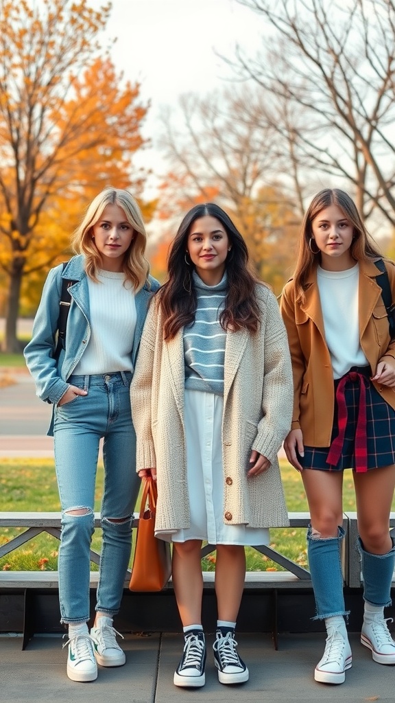 Three girls wearing stylish school outfits in an autumn setting