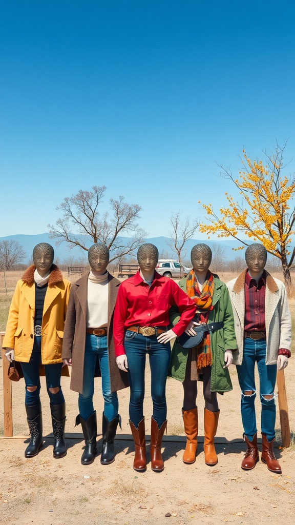 A display of seasonal Western outfits on mannequins, featuring coats, shirts, and boots in various colors.
