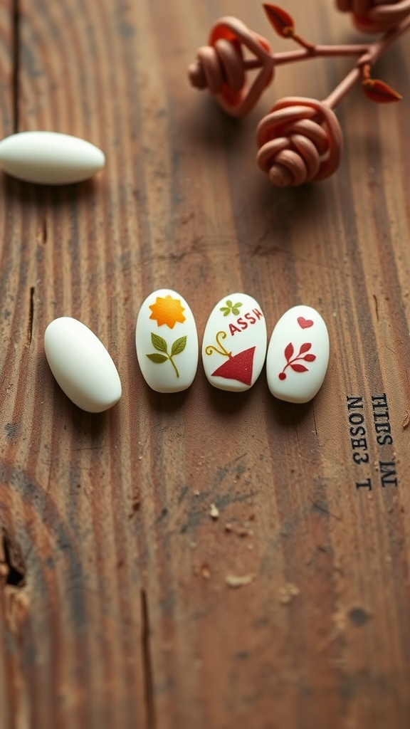 A display of four white almond nails with colorful seasonal designs on a wooden surface.