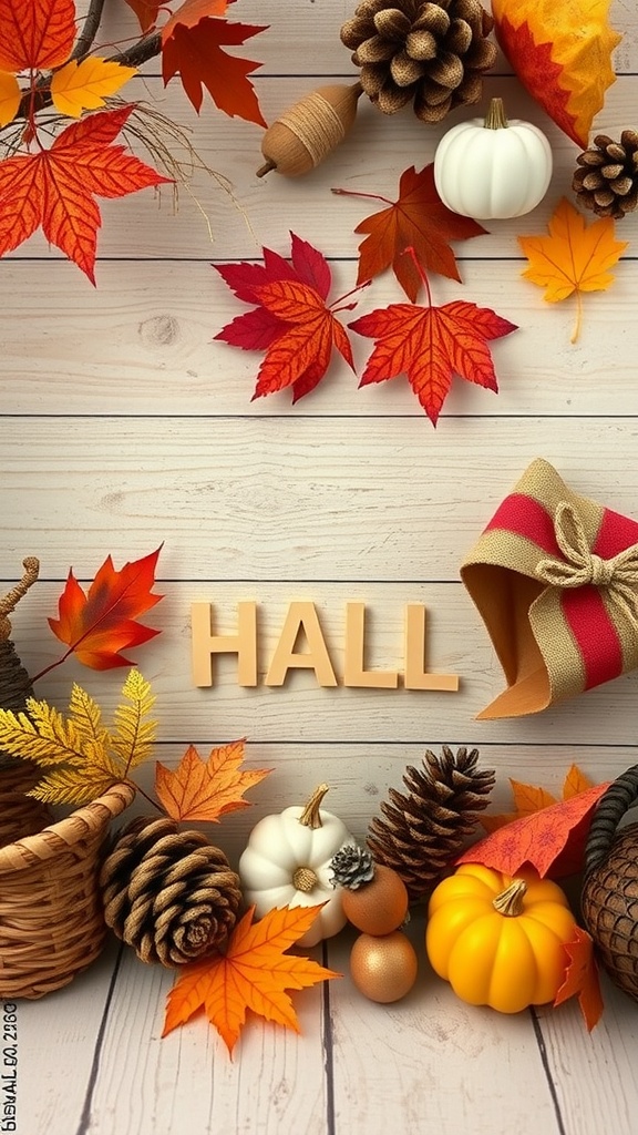 A decorative display of autumn-themed items including leaves, pumpkins, and pine cones, setting a cozy seasonal vibe.