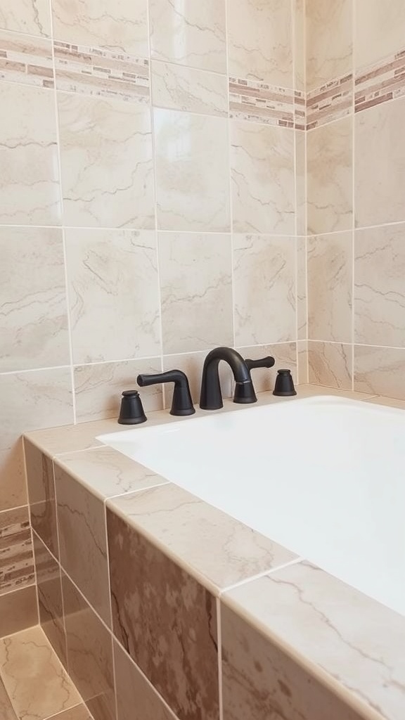 A stylish tub surround with marble tiles and black fixtures.