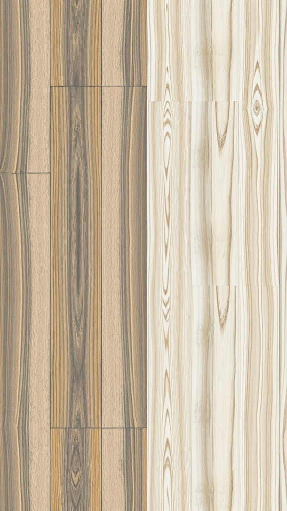 A close-up view of wood look tiles in various colors and patterns, showcasing their texture and design.