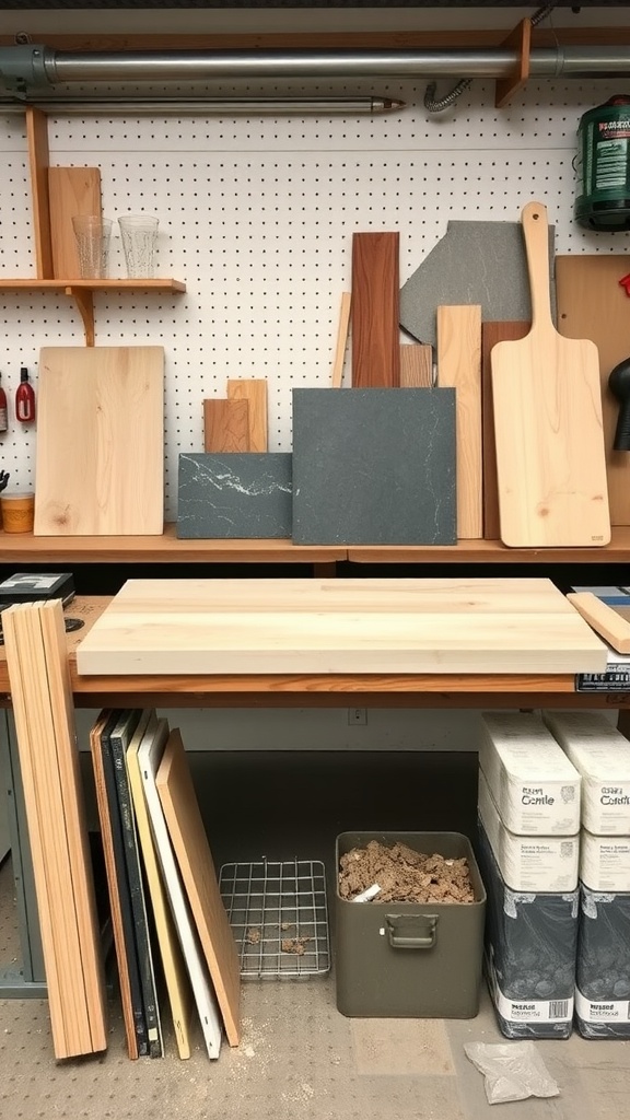 A workbench displaying various materials including wooden boards and stone slabs for building a kitchen island.