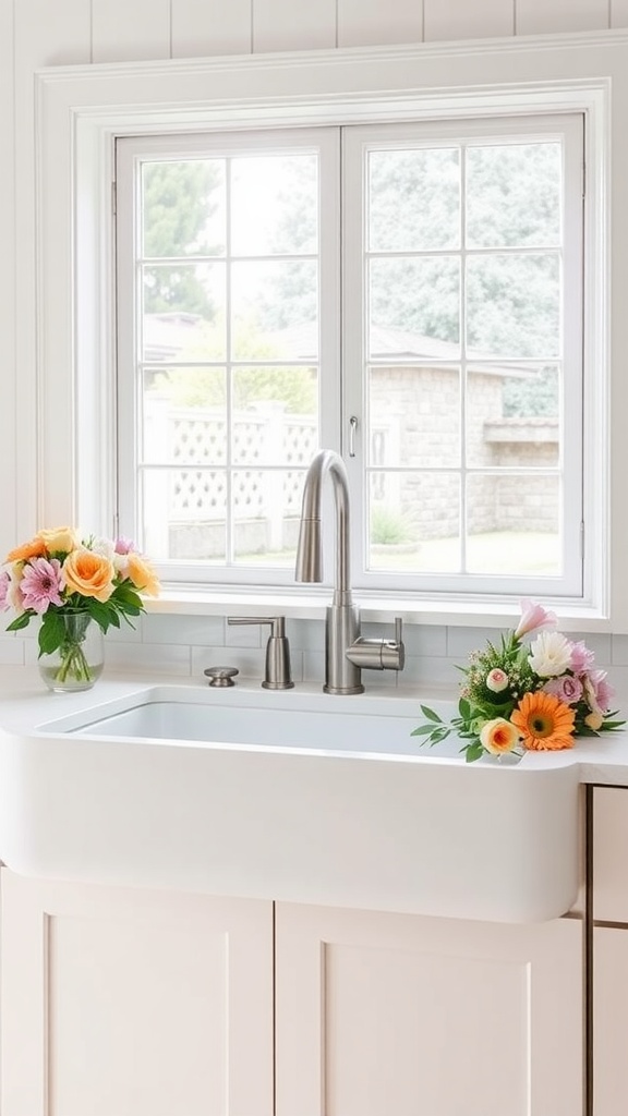 A white farmhouse sink with a modern faucet, adorned with colorful flower arrangements, positioned under a bright window.